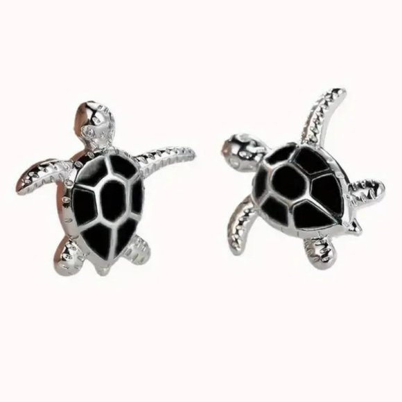 Sea Turtle Earrings Enamel Studs Silver Black Dainty Inlayed Onyx Fun Minimalist - Picture 1 of 3